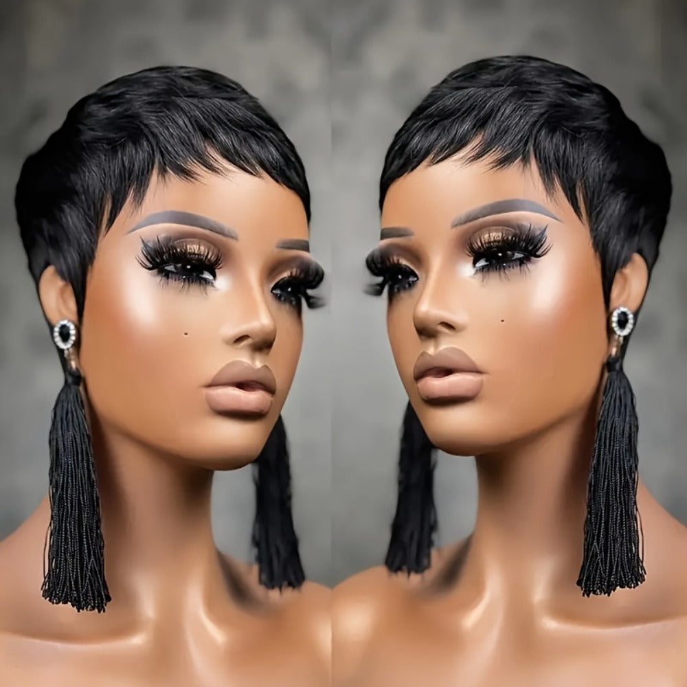 4-Inch Straight Layered Pixie Human Hair Wig in Black with 150% Density and Machine-Made Rose Net Cap — image 12