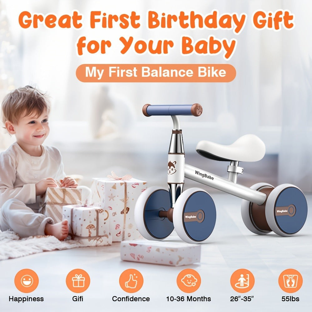 4 Wheel Balance Bike for Baby Toddlers 10-36 Months, First Bike with Adjustable Seat, 90° Steering Limit & Silent Anti-Slip T