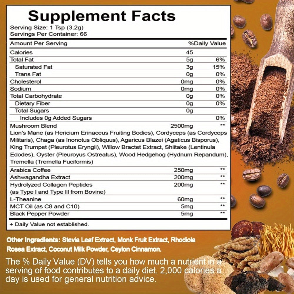 Mushroom Coffee Blend Powder 210g, Instant Coffee with Lion's Mane, Reishi, Cordyceps, Chaga & Chanterelle — image 5