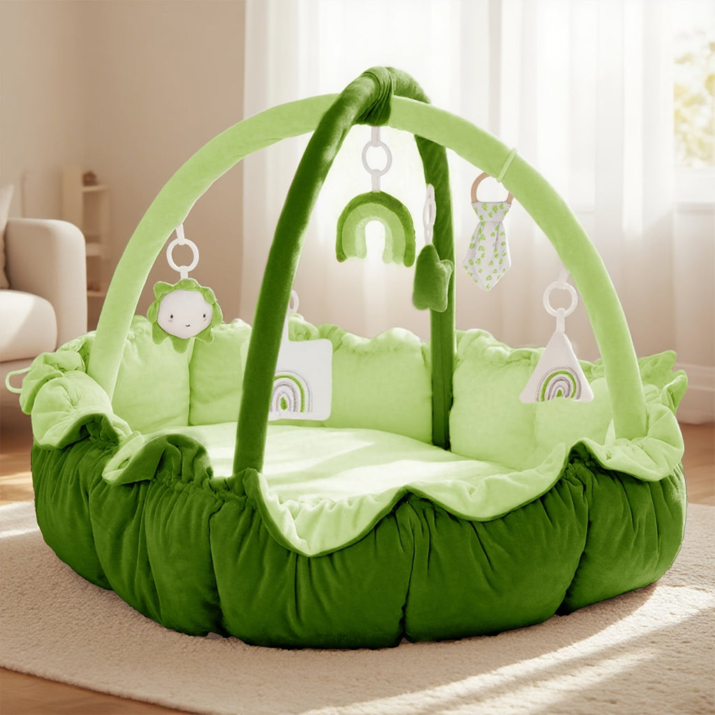 Convertible Round Pet Play Mat and Bed with Raised Sides, Removable Arches and Six Hanging Toys — image 10