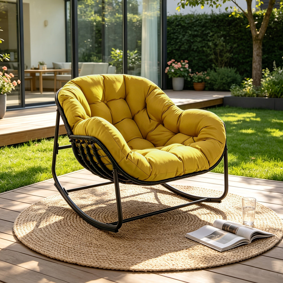 Papasan Rocking Chair Outdoor Wicker Egg Chair with Cushion & Pillow, Large Patio Rocker for Garden — image 1