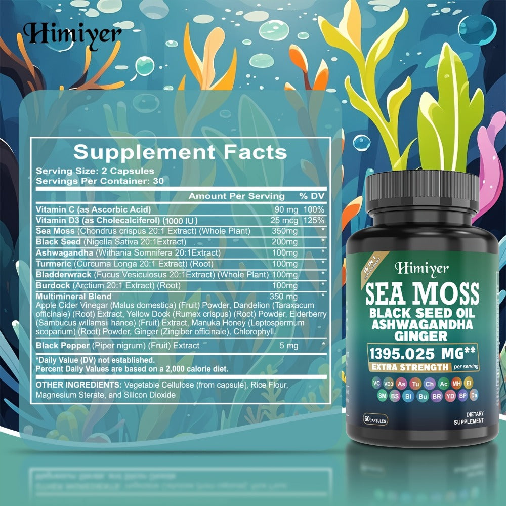 Sea Moss Capsules 3-Pack 180ct with Black Seed Oil Ashwagandha Turmeric Vitamin C D3 for Bath Time, Home Spa and Personal Car