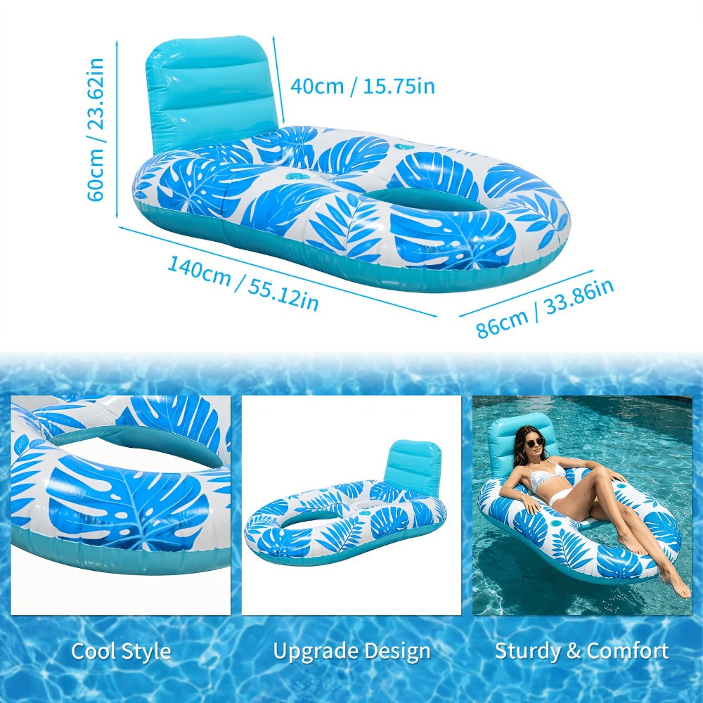 Blue Leaf-Pattern Inflatable Pool Recliner with Mesh Center, Headrest, Two Cup Holders and 55 x 34-Inch Base — image 2
