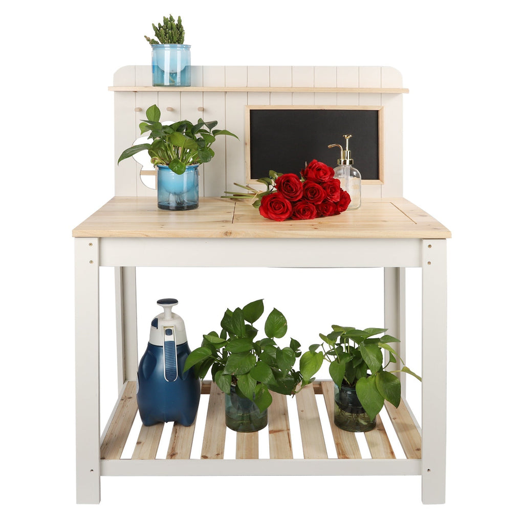 Potting Bench with Blackboard Removable Sink Hooks Double Shelf for Garden — image 6