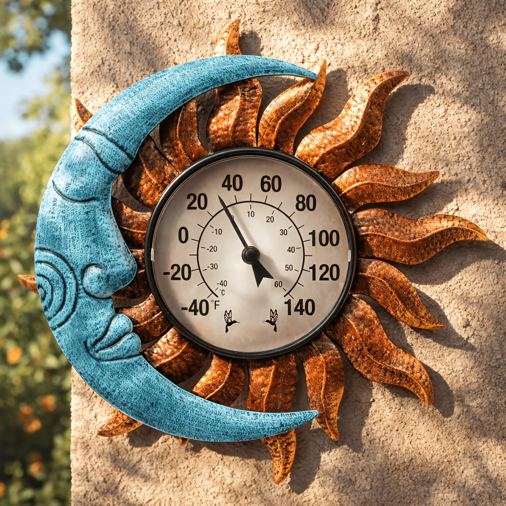 Outdoor Wall Thermometer with Sun & Moon Art – IPX4 Waterproof, Decorative Patio Garden Thermometer for Indoor Outdoor Use — 