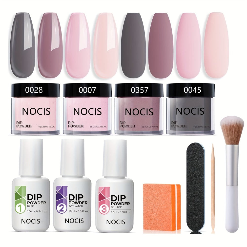 Dip Powder Nail Kit with NOCIS Label, Four Nude Gray Pink Powders, Three 10ml Liquids and Four Tools — image 3