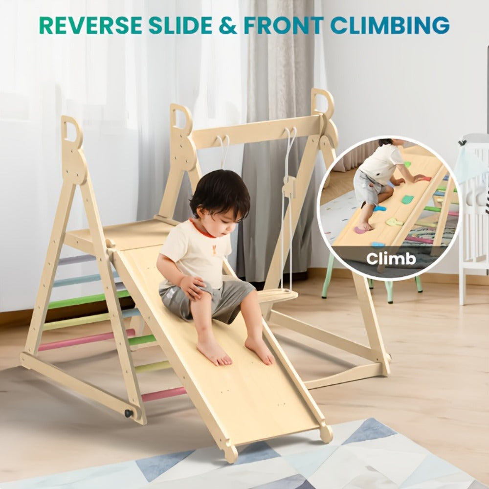 Foldable Indoor Wooden Jungle Gym for Toddlers, 4-in-1 Climbing Frame with Swing, Slide & Ladder — image 9