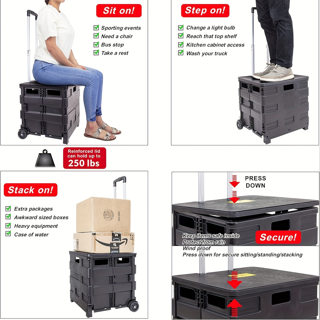 Collapsible Rolling Cart with Wheels – 80 Lbs Heavy Duty Foldable Crate on Wheels for Teachers, Shopping & Storage, Lid Doubl