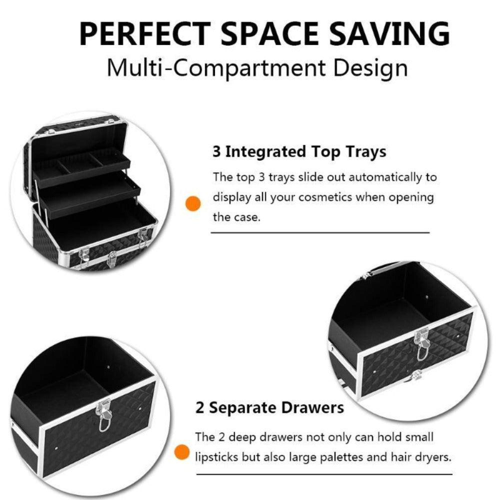 Black Rolling Makeup Train Case with Four Wheels, Telescoping Handle, Three Top Trays and Two Drawers — image 4
