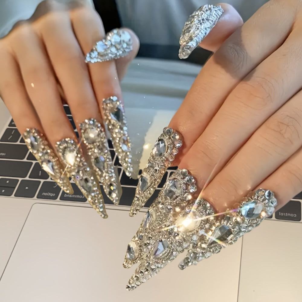 Press On Nails 10-Piece Extra-Long Pointed Almond Set with Silvery Rhinestones — image 2
