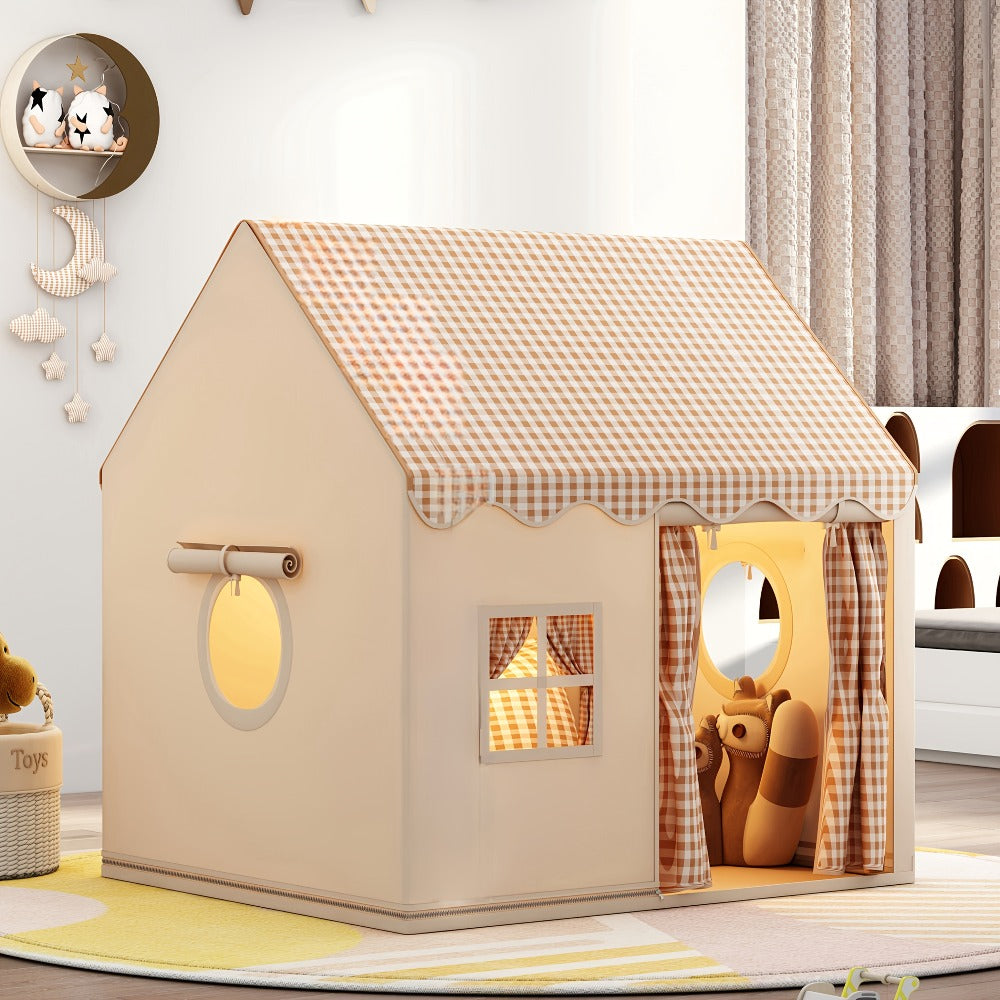 Kids Play Tent Cabin Style for Indoor Outdoor – Checked Polyester Playhouse for Toddlers Ages 2-6, Imaginative Role Play Pret