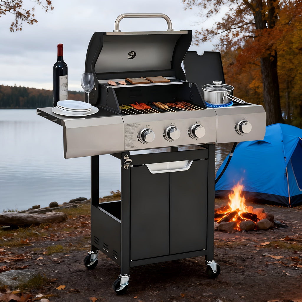 Propane Gas Grill Stainless Steel 3 & 4 Burner Outdoor BBQ Grill with Side Burner, Grill Cover & 344 Sq In Cooking Surface — 