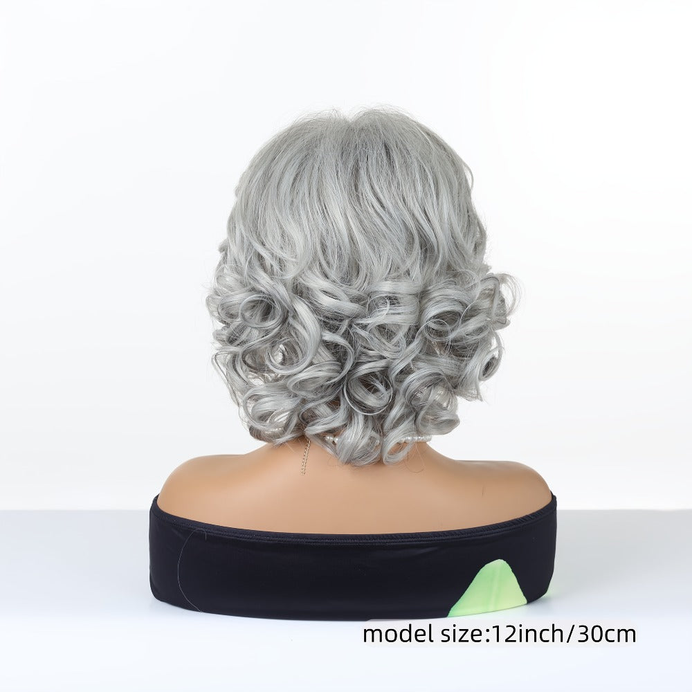 Synthetic Wig 12-Inch Silver Grey Short Curls with Bangs and Adjustable Rose Net Cap for Cosplay Looks — image 4