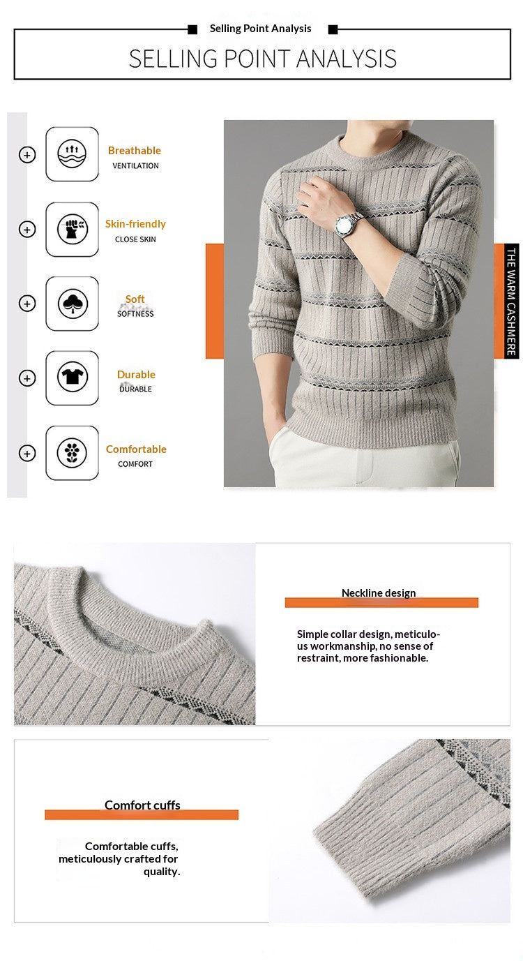 Mens Knitted Fleece-lined Thick Crew-neck Faux Mink Sweater