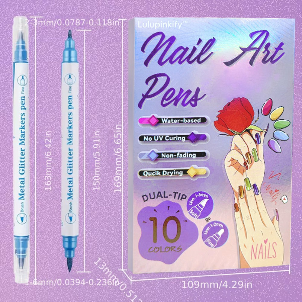 Nail Art Pens Set 10 Metallic Colors with 12pcs Nail Stickers – Dual-Headed 3D Acrylic Polish Markers for Doodle Dot Line Sti