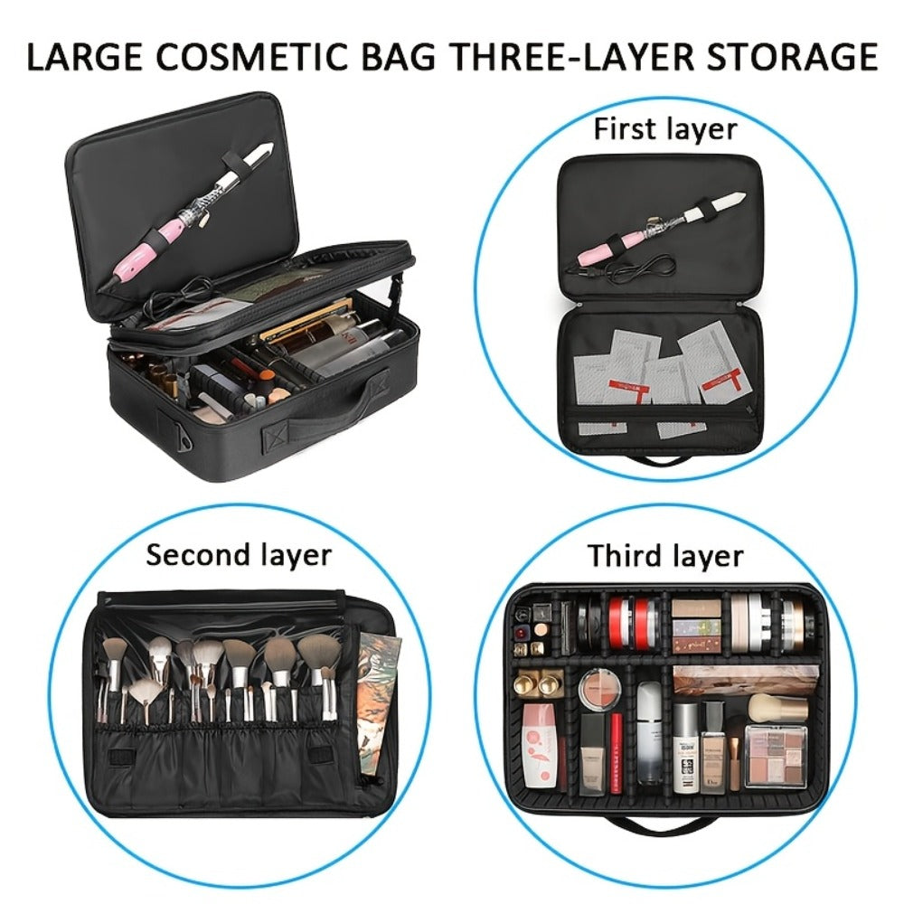 Black 15.8-Inch Soft Makeup Train Case with Three-Layer Interior, Brush Panel and Shoulder Strap — image 9
