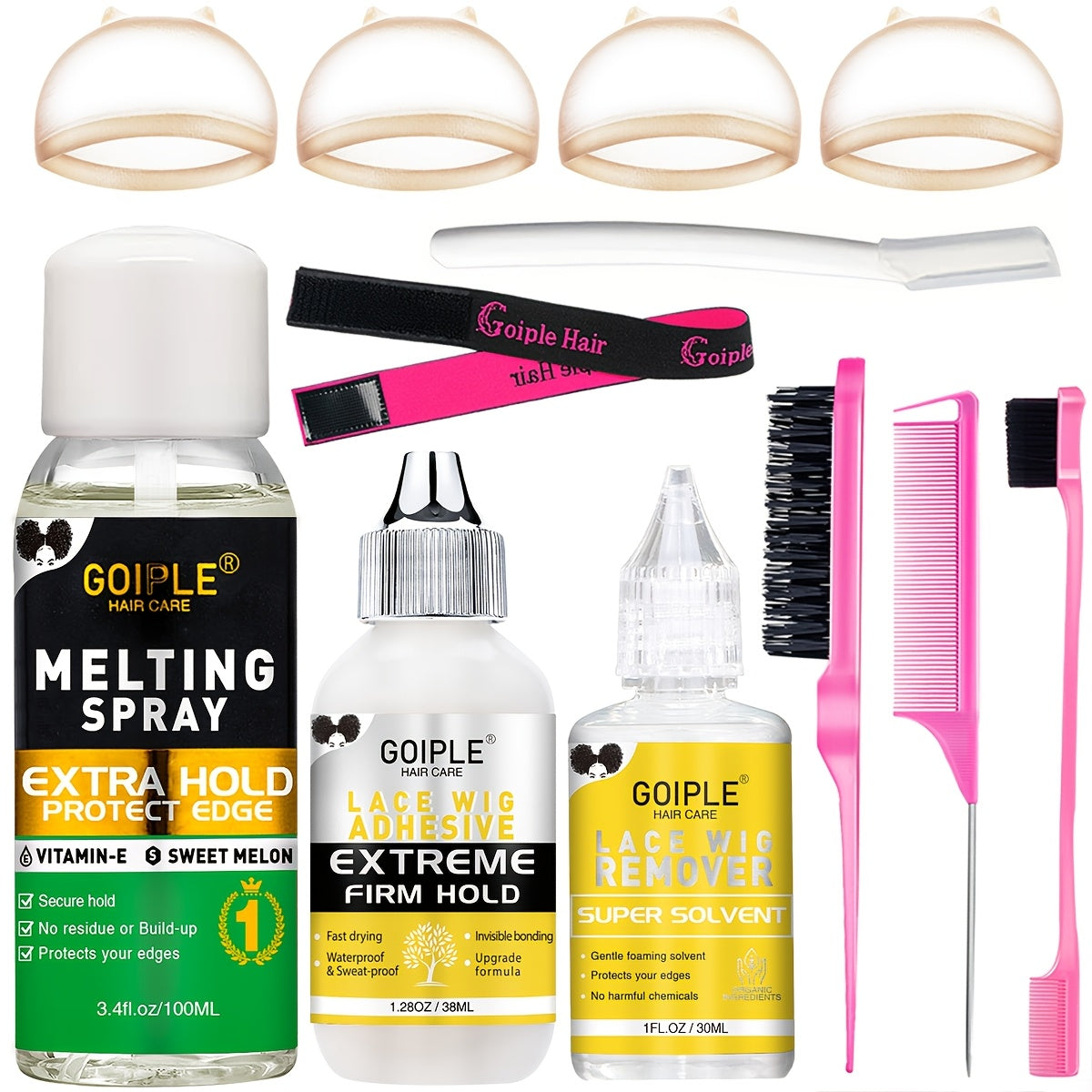 Wig Installation Kit in 9-Piece Glue or 14-Piece Styling Sets with Bands, Caps, Combs and Liquid Bottles — image 1