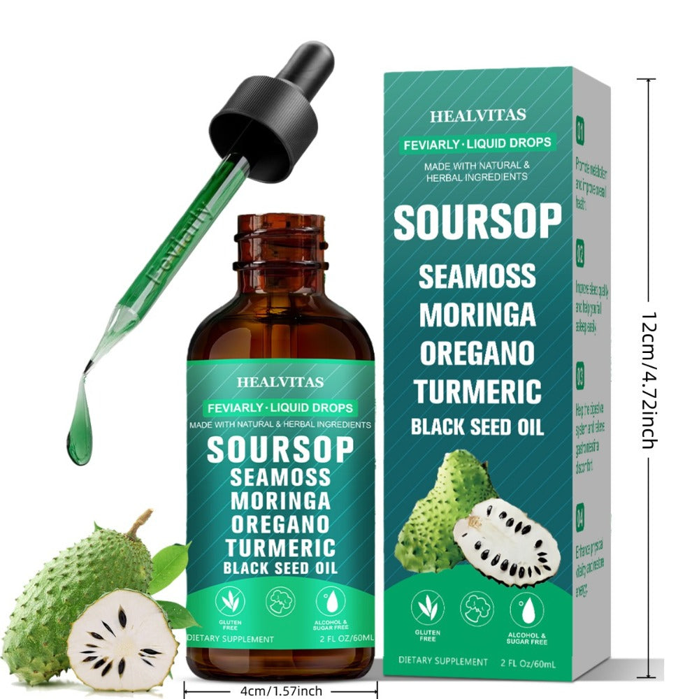 Soursop Bitters Liquid Supplement 2oz 10-in-1 with Seaweed Moringa Turmeric Black Seed Oil & Oregano Herbal Extracts — image 