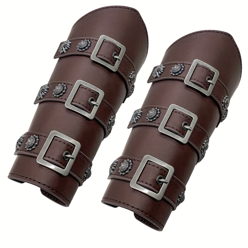 Viking Medieval Leather Arm Guards Bracers – PU Leather Knight Gauntlets Adjustable Metal Buckles Rivets for Men Women Hallow
