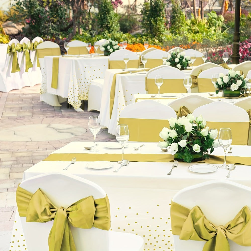 Disposable Tablecloth & Table Runner Set 10 Pack White Gold – Plastic Party Table Covers for Wedding Birthday Graduation Anni