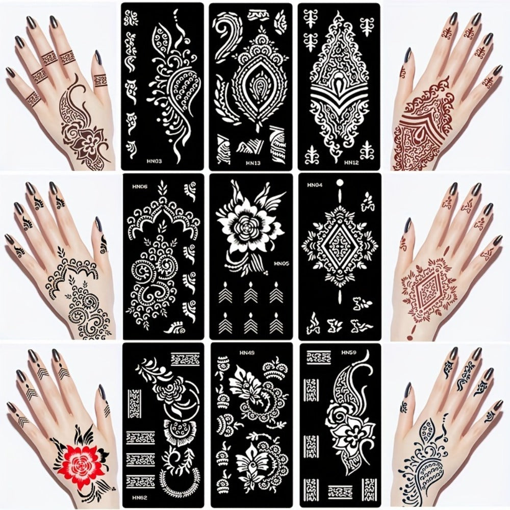 Nine-Sheet Reusable Tattoo Stencil Set with Long Floral and Henna-Style Pattern Cards in HN1 or HN2 — image 11