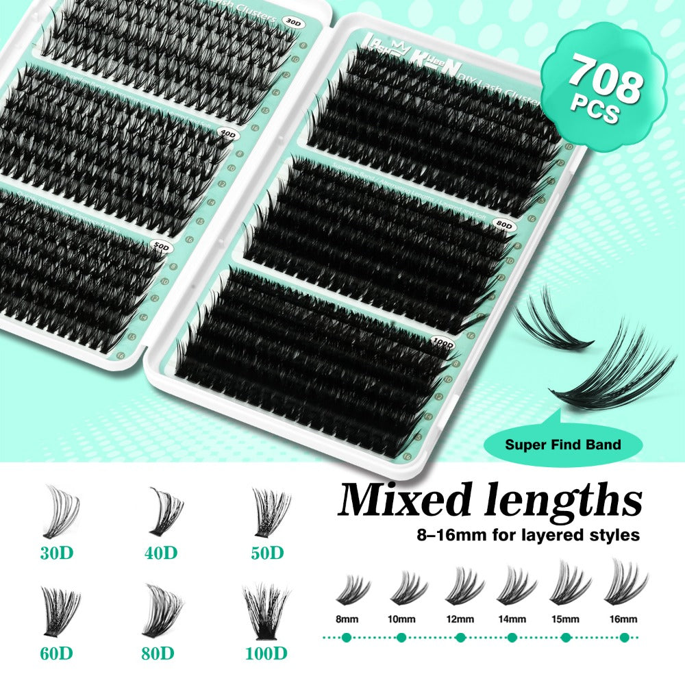 Lash Clusters Kit 708Pcs with Tweezers, Glue & Brush – Soft Silky Fiber False Eyelashes Full Voluminous DIY Lash Extension Se