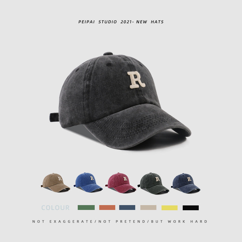 Washed Letter R Stick Ball Cap Casual Patch Sun Hat