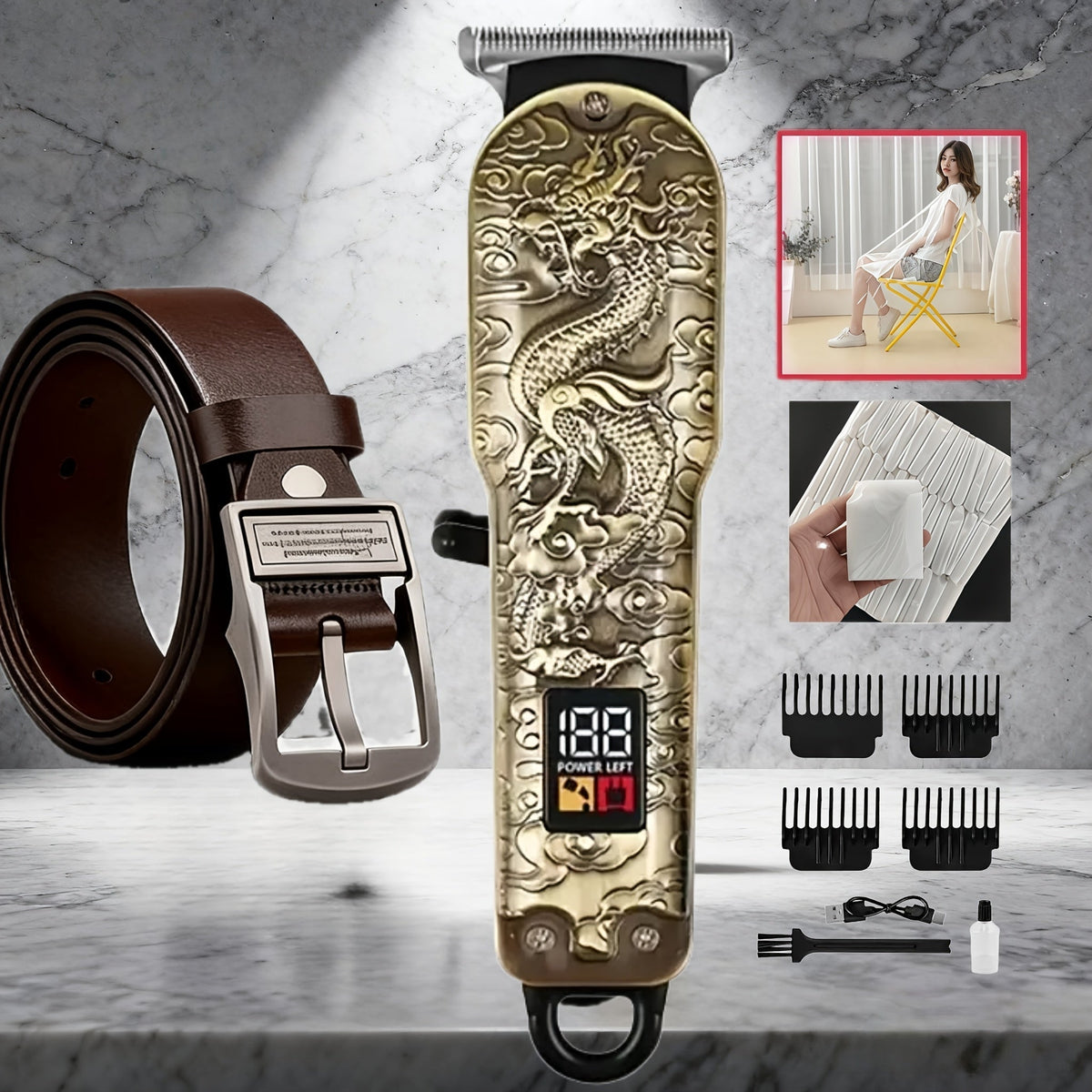 JH702 Hair Clipper Set with DC01 Fashion Belt, Digital Display, USB Charging and Two Engraved Design Options — image 1