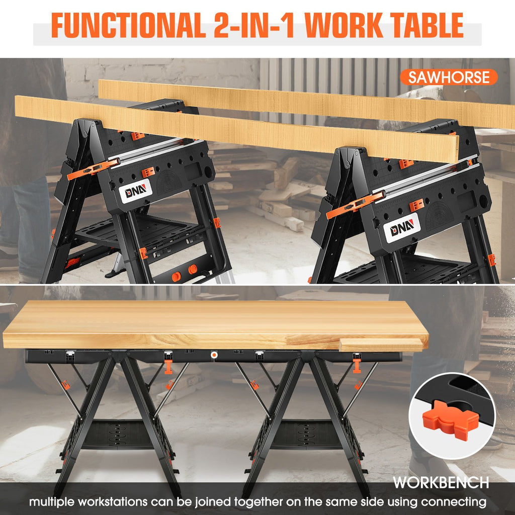 Orange-and-Black Folding 31.1 x 25-Inch Workbench and Sawhorse with Clamps, Blocks and Tool Tray — image 5