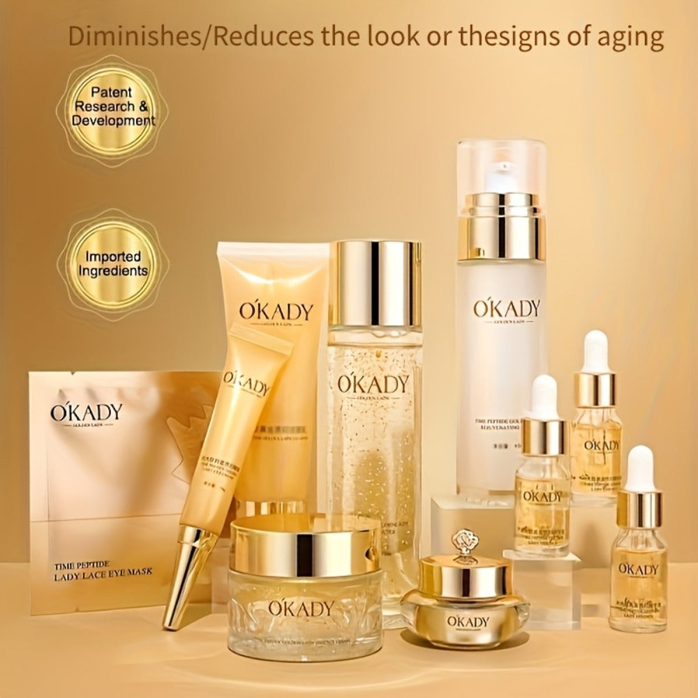 Skincare Set with OKADY Label, 10 Gold-Themed Pieces with Mud Mask Stick and Day Night Product Forms — image 2
