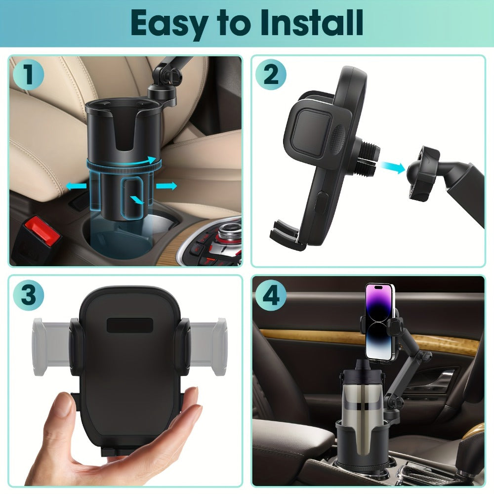 2-in-1 Car Phone Holder & Cup Holder Extender – Swivel Rotating Mount with Shock-Absorbing Trim, Universal for Cars, SUVs & T