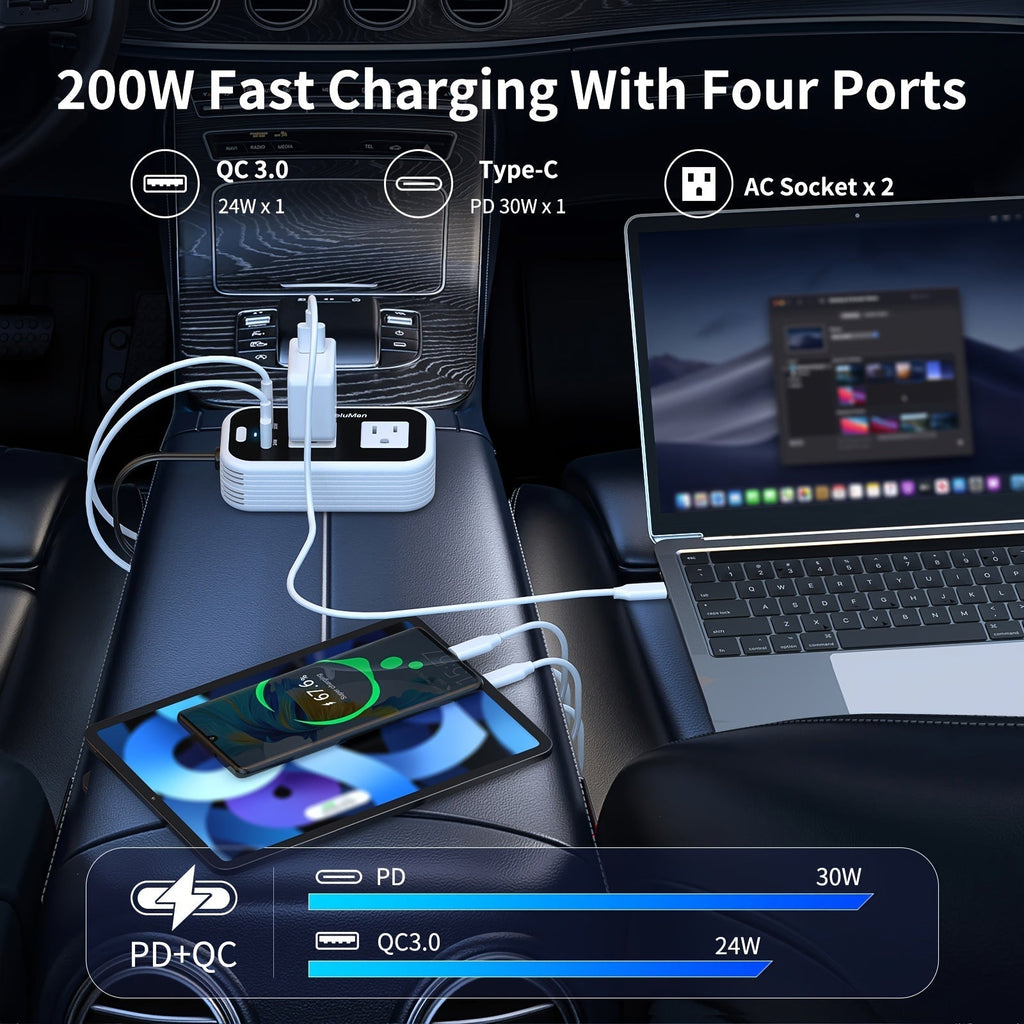 White-and-Black 200W Car Power Inverter with Two AC Outlets, 30W PD USB-C and 24W QC3.0 Ports — image 4
