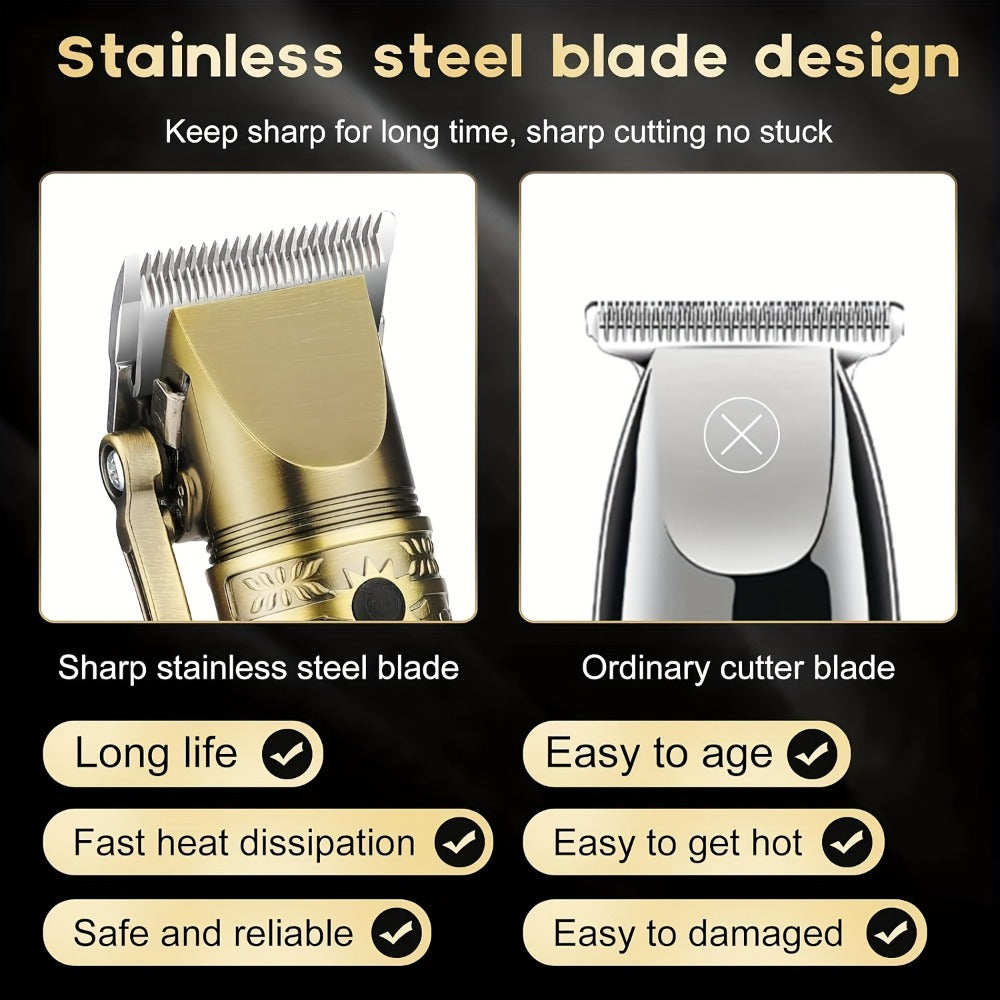 Cordless Hair Clipper & Trimmer Kit for Men – Professional Rechargeable Grooming Set, Golden Edition, Wireless Fade Clipper w