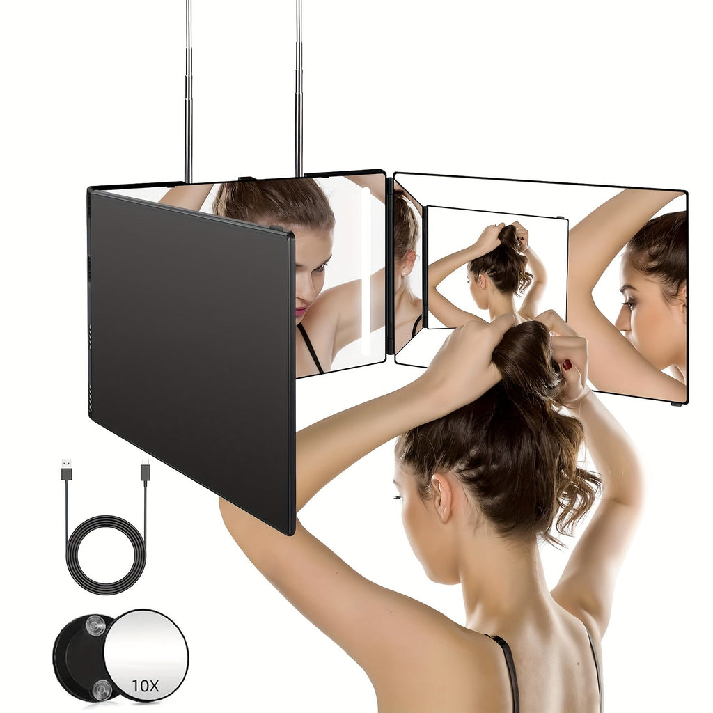 Hair Cutting Mirror 3 Way with LED Light – 360° View Trifold Barber Mirror, Adjustable Height, Door Hang Wall Mount or Tablet