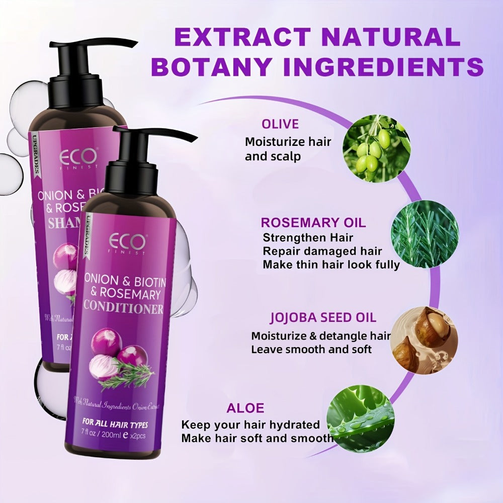 Onion, Biotin and Rosemary-Labeled Shampoo and Conditioner Set in Purple Pump Bottles with Jojoba Oil Wording — image 9