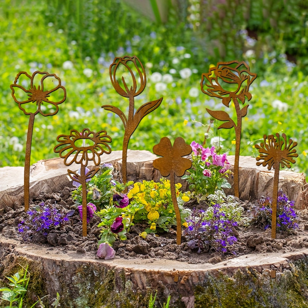 Rustic Flat Metal Flower Garden Stakes, Six-Piece Rose, Daisy and Botanical Set for Pots and Borders — image 2