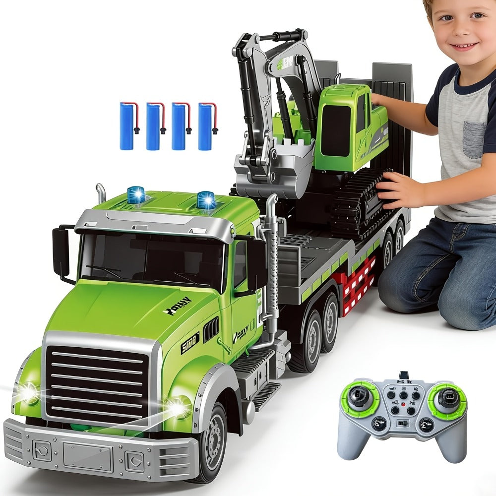 RC Semi Truck with Flatbed Trailer & Alloy Excavator Set 1:12 Scale, 11-Channel Dual Control, Sound & Lights — image 1