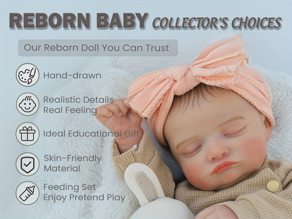Reborn Baby Doll 20-Inch Sleeping Soft Cloth Body with Striped Outfit, Bow Headband and Feeding Accessories — image 8