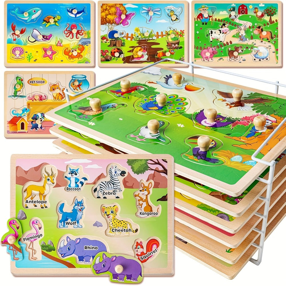 Six-Board Wooden Peg Puzzle Set with Metal Storage Rack and Scene or Animal Theme Checkout Options — image 4