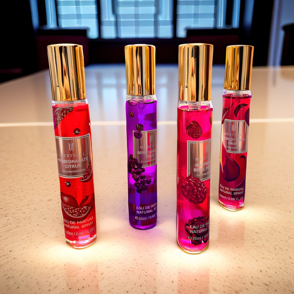 Mystical Women's Perfume Gift Set 4 Piece Travel Size 20ml - Fresh Fruity Unisex Scent - Mini for Bath Time, Home Spa and Per