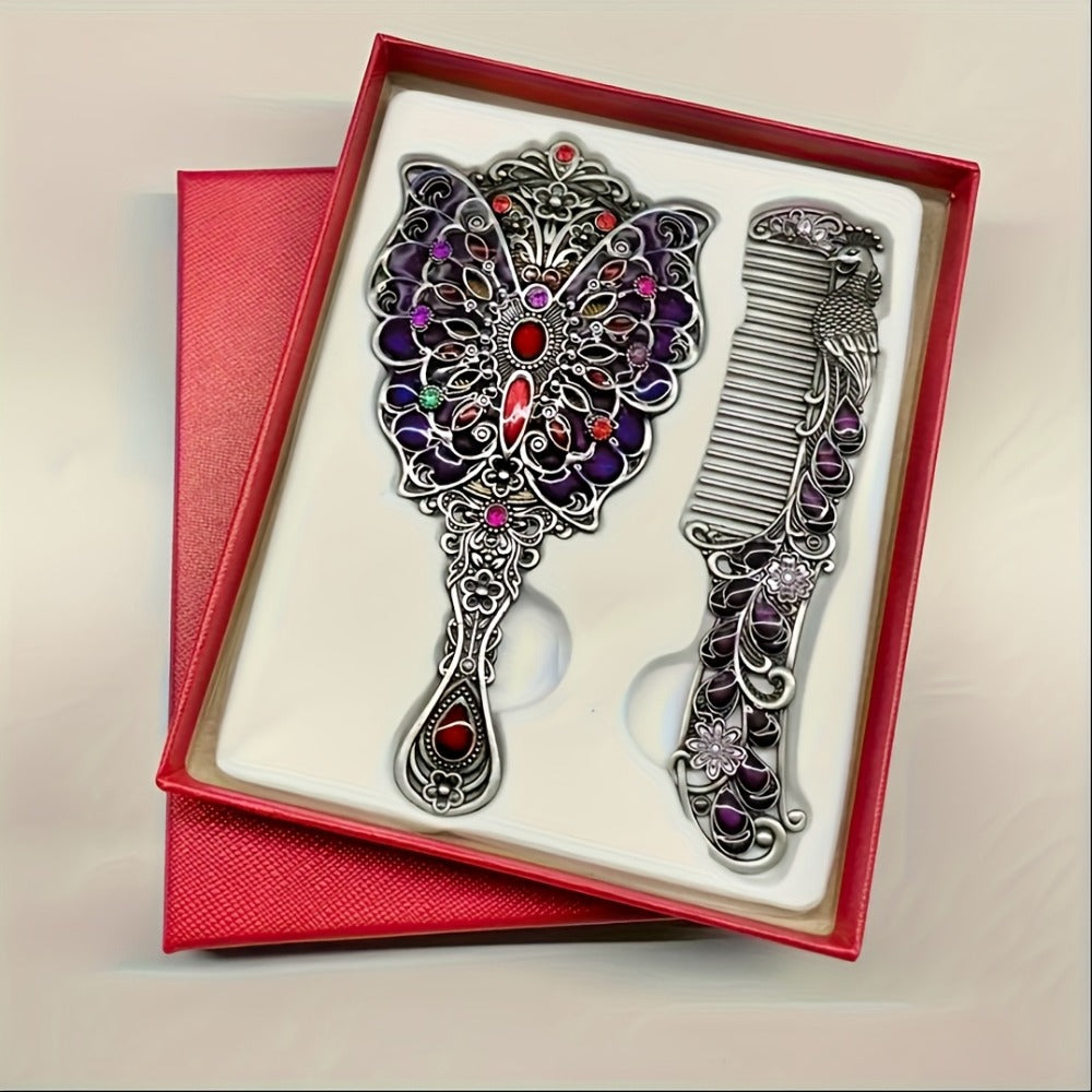 Vintage Peacock Hair Comb and Mirror Set 2 Pcs – Fine-Tooth Stainless Steel Decorative Butterfly Flower Portable Handheld Mir