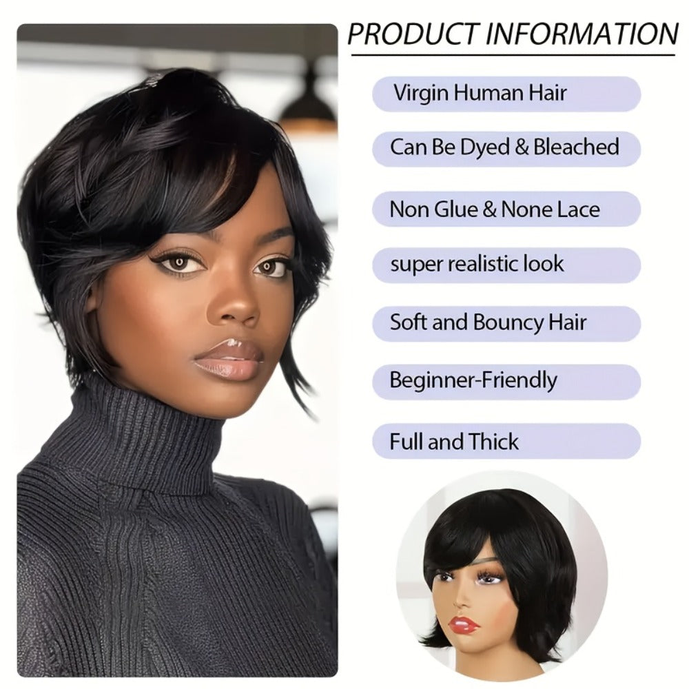 Pixie Cut Wig Human Hair with Bangs Glueless Short Brazilian Layered Machine Made Throw-On-and-Go Hairpiece Natural Black 1B 