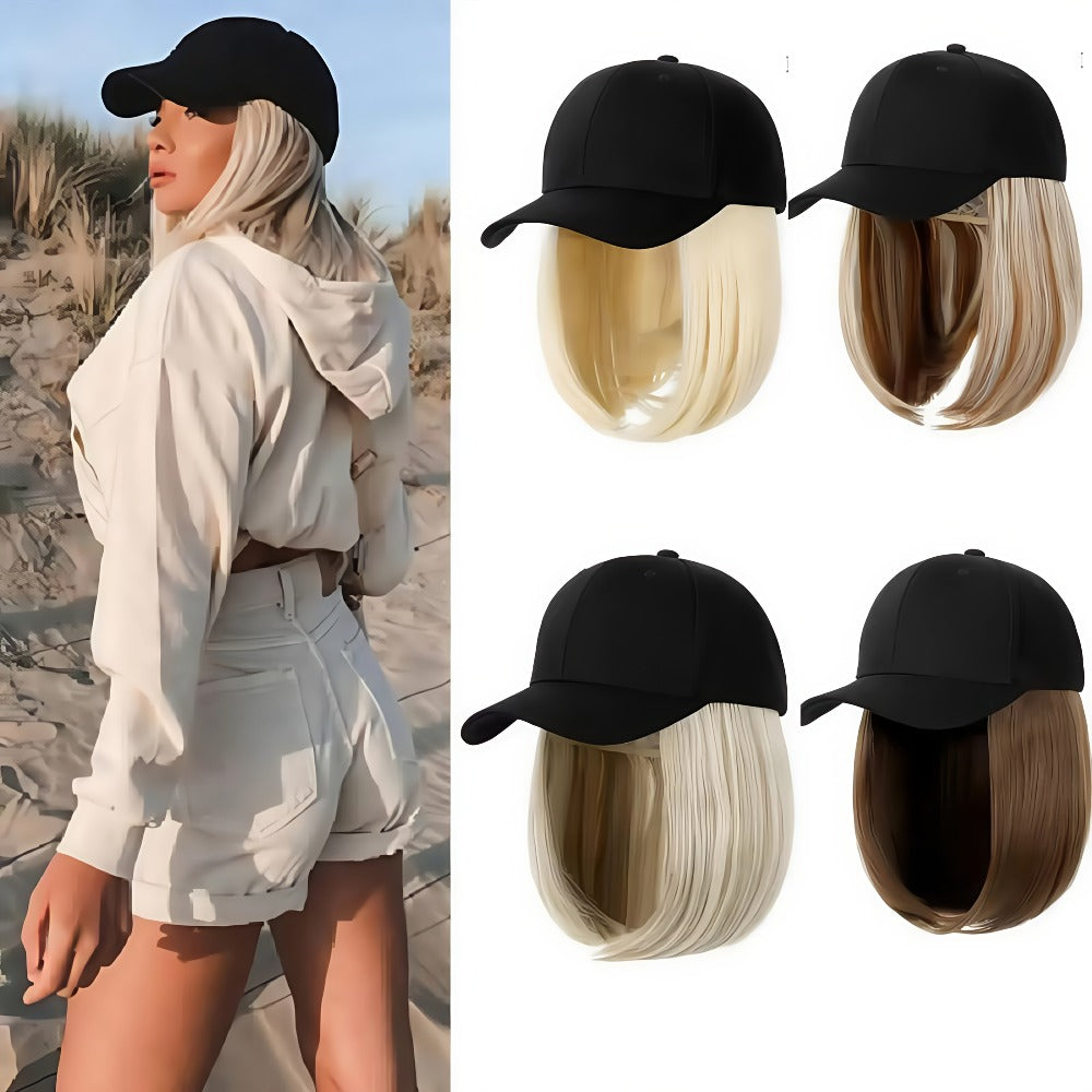 Baseball Cap Wig Women 2-in-1 Short Bob 12 Inch Glueless Synthetic Straight Breathable Adjustable Heat Resistant Natural Look