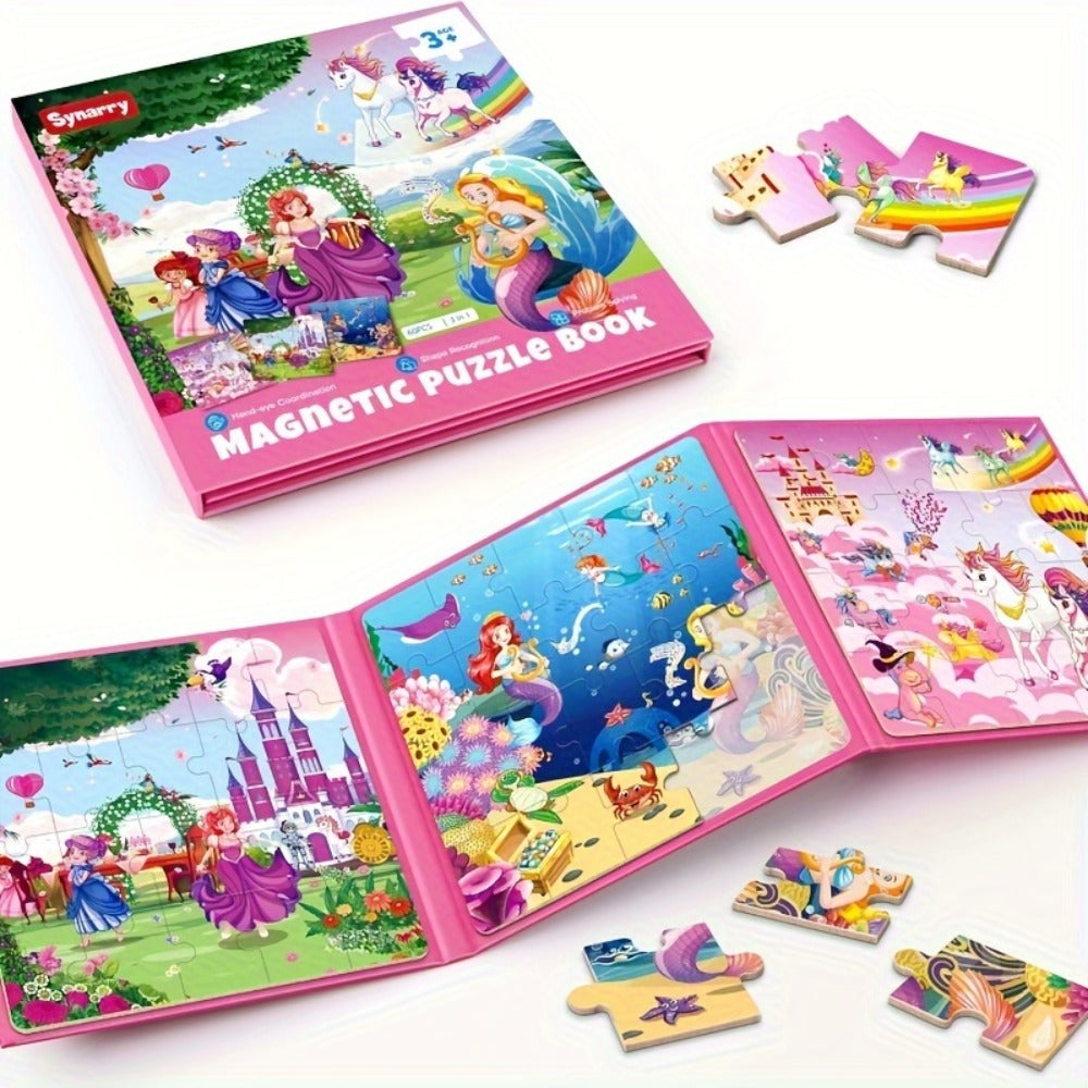 Magnetic Puzzle Book for Girls 3 4 5 6, 3-in-1 Unicorn Mermaid Princess Travel Puzzles, 20 Pieces Folding Magnetic Jigsaw for