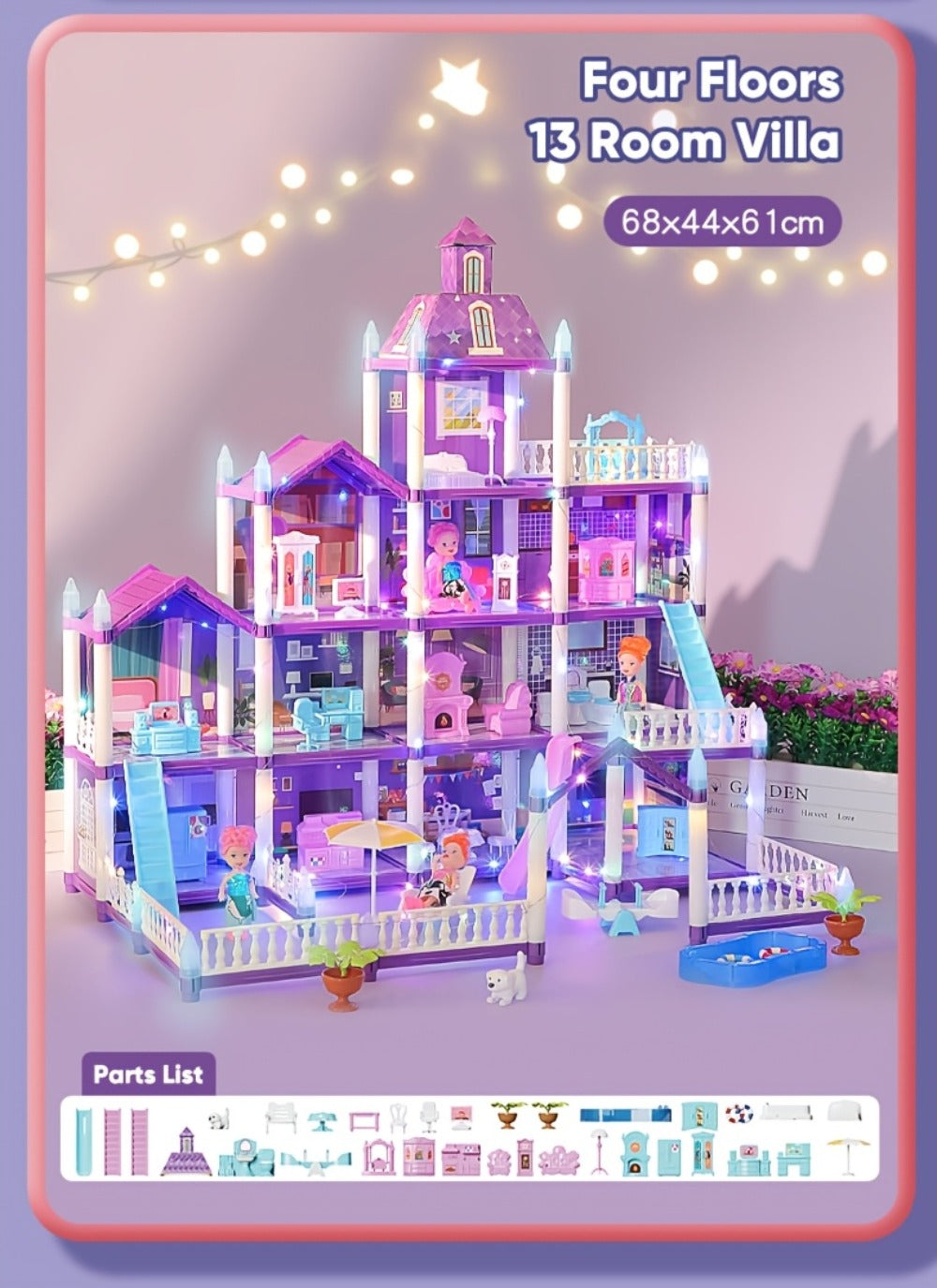 LED Dollhouse Playset for Girls, Purple Multi-Room Playhouse with Doll Figures, Puppies, Furniture & LED Lighting — image 25