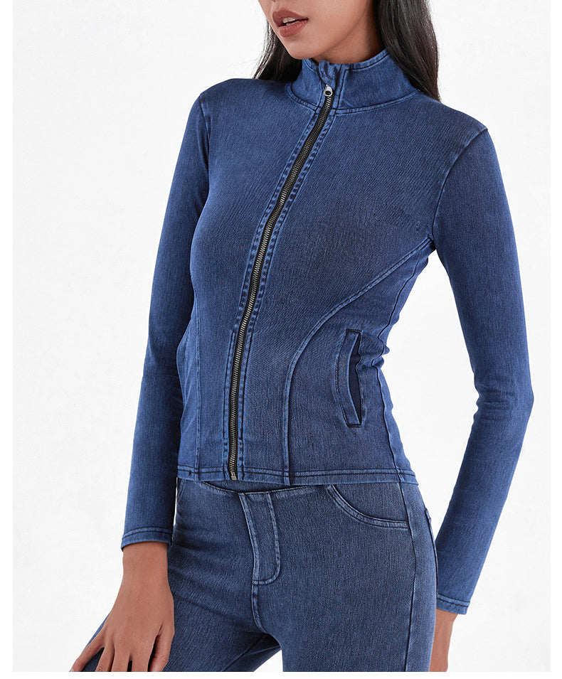 Slim Zippered Yoga Denim Jacket With Pockets High Collar Sports Fitness Outerwear Tops Coat For Women Clothing
