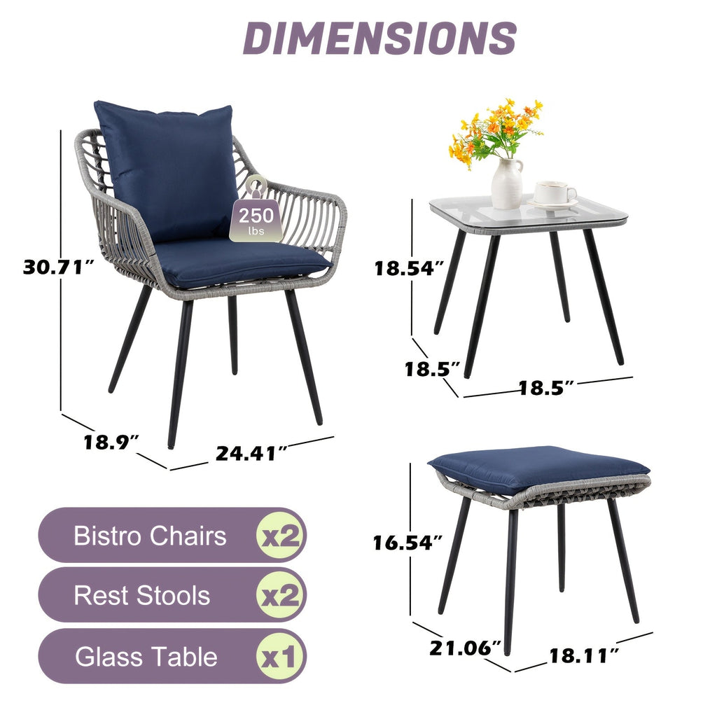 Five-Piece PE Rattan Patio Set with Two Chairs, Two Footstools, Round Glass Table and Gray-Blue Cushions — image 5
