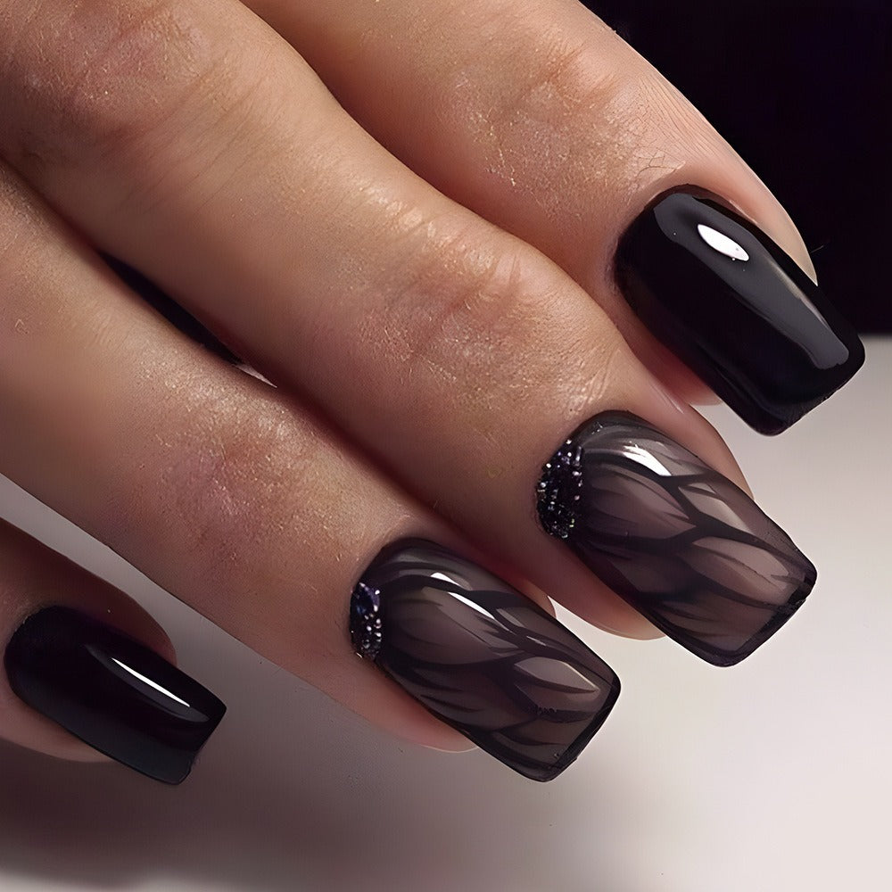 Press On Nails 96-Piece Short Square Black Ice-Crack Pattern Glossy Full-Cover Set with Nail Glue — image 7