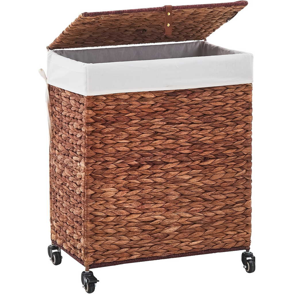 Laundry Basket with Lid & Handles – Handwoven Water Hyacinth Wicker Hamper, Removable Cotton Liner — image 15