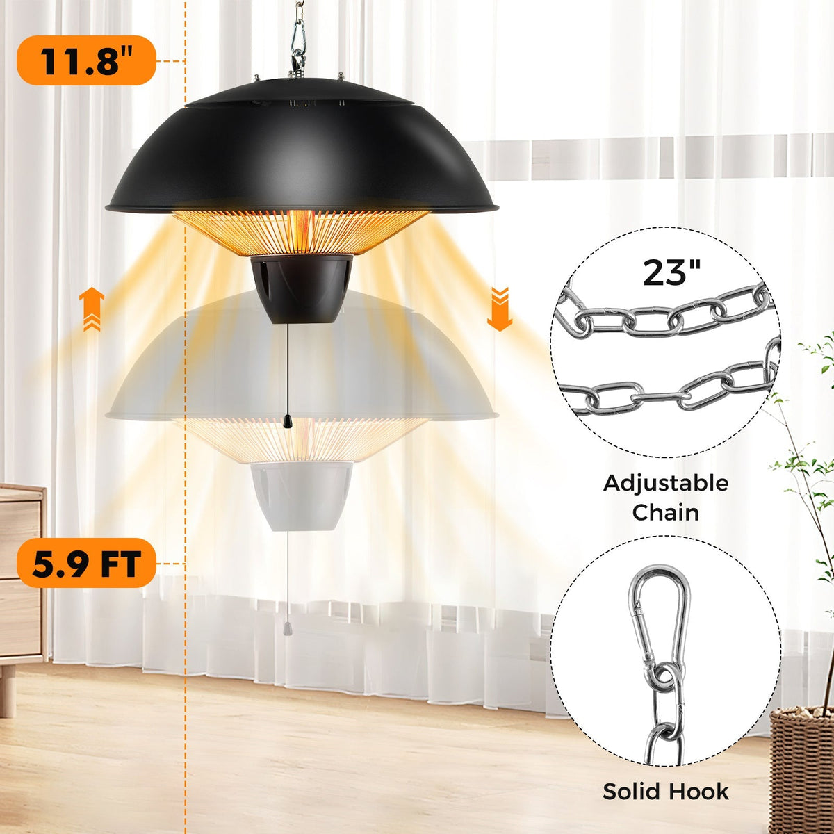 Hanging Patio Heater 1500W Electric Ceiling Mounted Heater with Halogen Tubes, 360° Coverage, Adjustable 23" Chain — image 3